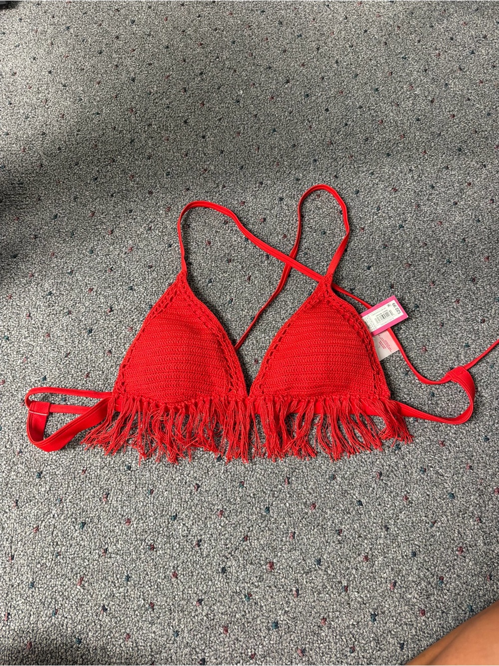 Woman Red Crochet Fringe Swim Top